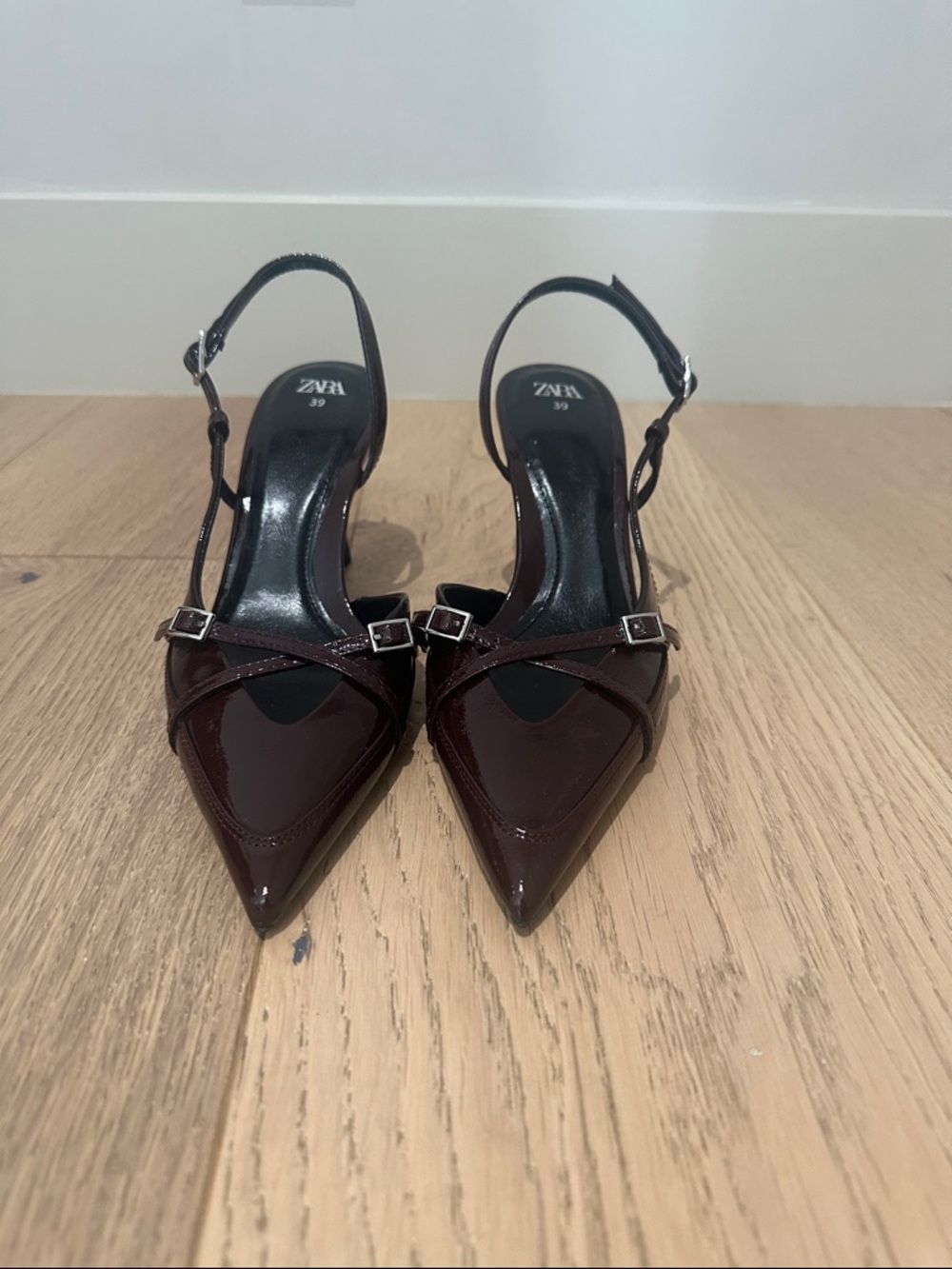 ZARA Burgundy Pointed Patent Slingback Heels